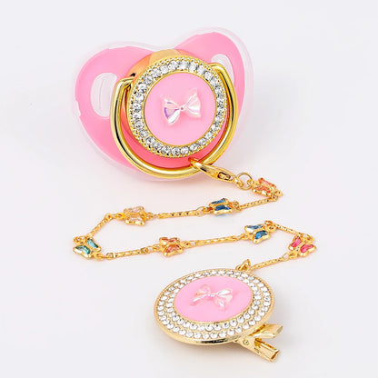 Silicone Baby Pacifier - Gold Bling Infant Soother with Handmade Clip Chain - ZOOMNSTORE