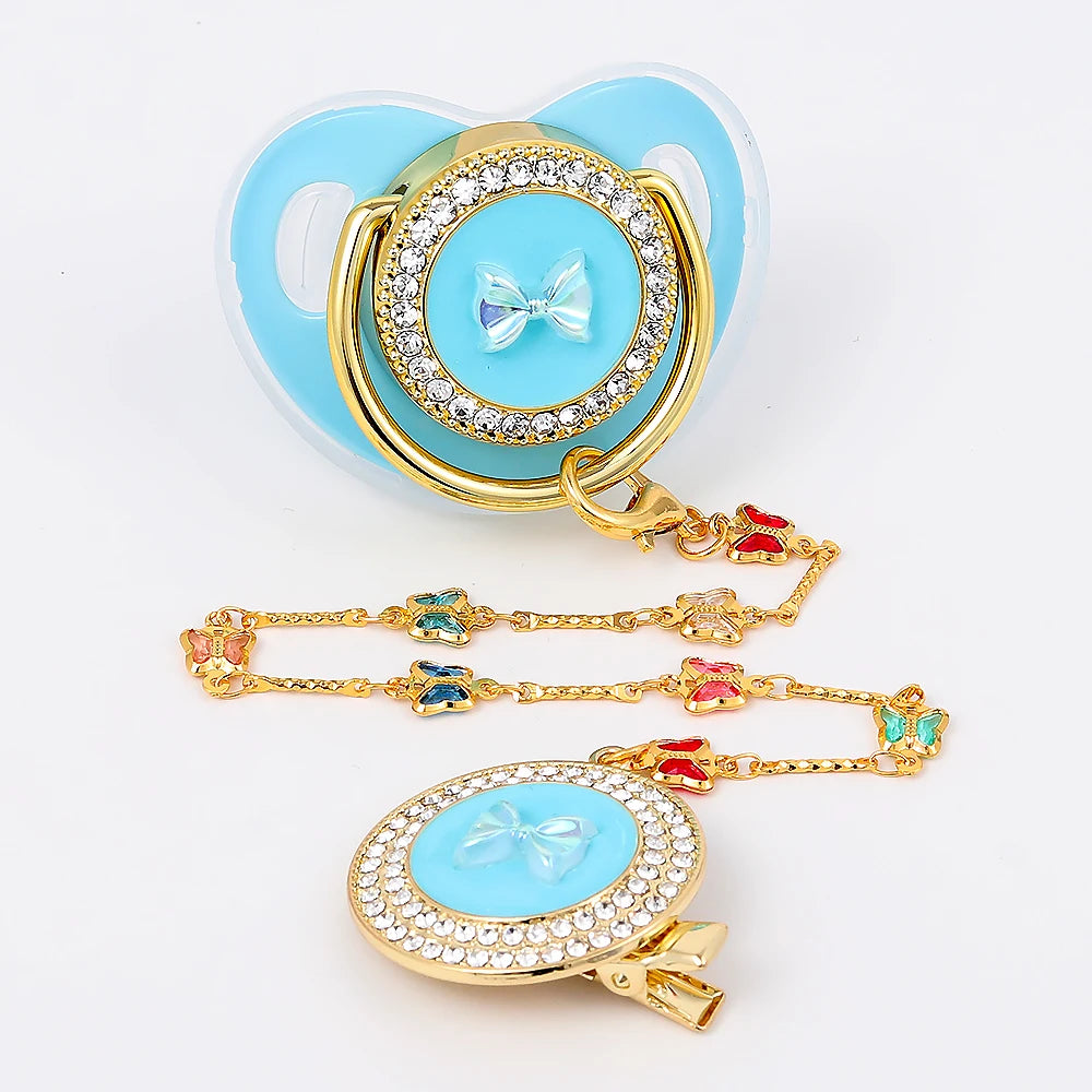 Silicone Baby Pacifier - Gold Bling Infant Soother with Handmade Clip Chain - ZOOMNSTORE