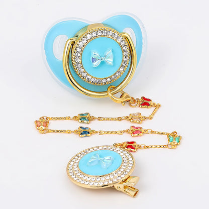 Silicone Baby Pacifier - Gold Bling Infant Soother with Handmade Clip Chain - ZOOMNSTORE