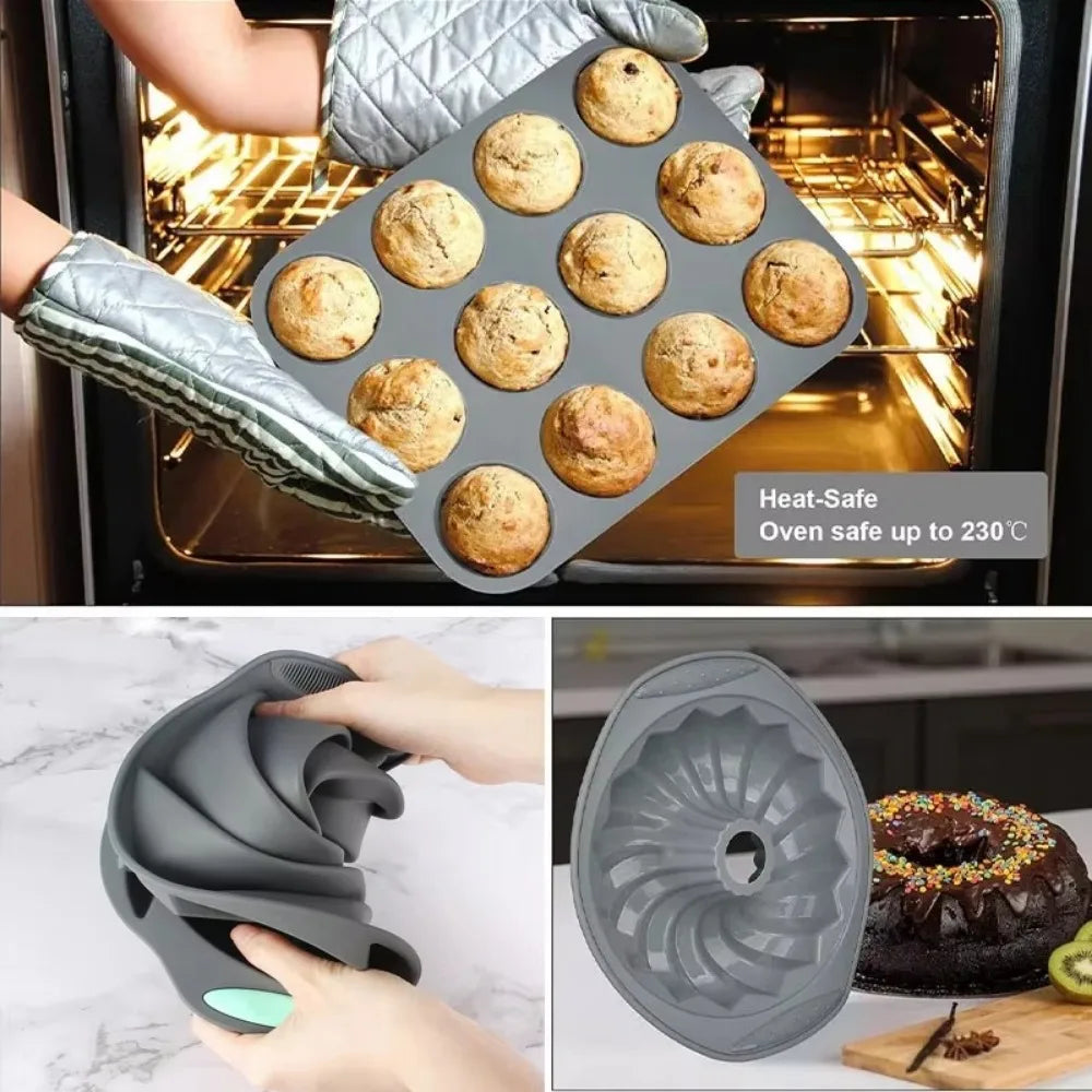 Silicone Cake Mold with Heat Resistant Non-Stick Baking Pan Set, 3D Bread Loaf & Muffin Tray - ZOOMNSTORE