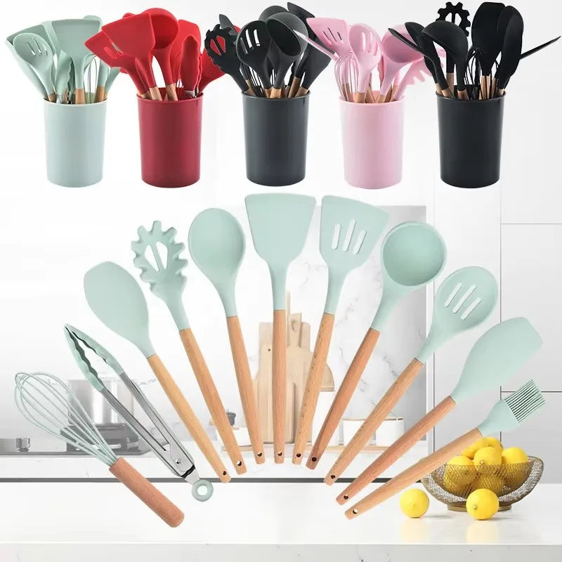 Silicone Cooking Utensils - 12pcs Heat Resistant Wooden Handle Set, Non-Stick Kitchen Tools - ZOOMNSTORE