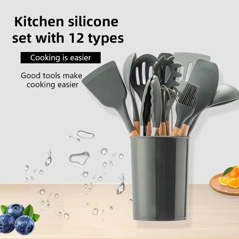Silicone Cooking Utensils - 12pcs Heat Resistant Wooden Handle Set, Non-Stick Kitchen Tools - ZOOMNSTORE