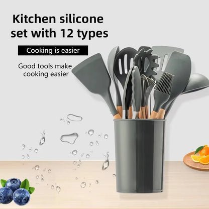 Silicone Cooking Utensils - 12pcs Heat Resistant Wooden Handle Set, Non-Stick Kitchen Tools - ZOOMNSTORE