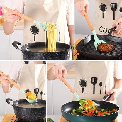 Silicone Cooking Utensils - 12pcs Heat Resistant Wooden Handle Set, Non-Stick Kitchen Tools - ZOOMNSTORE