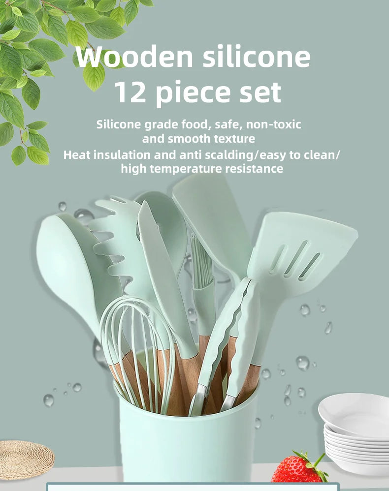 Silicone Cooking Utensils - 12pcs Heat Resistant Wooden Handle Set, Non-Stick Kitchen Tools - ZOOMNSTORE