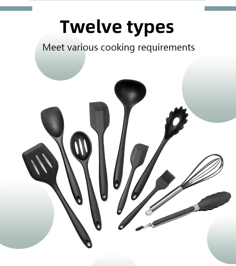 Silicone Cooking Utensils - 12pcs Heat Resistant Wooden Handle Set, Non-Stick Kitchen Tools - ZOOMNSTORE