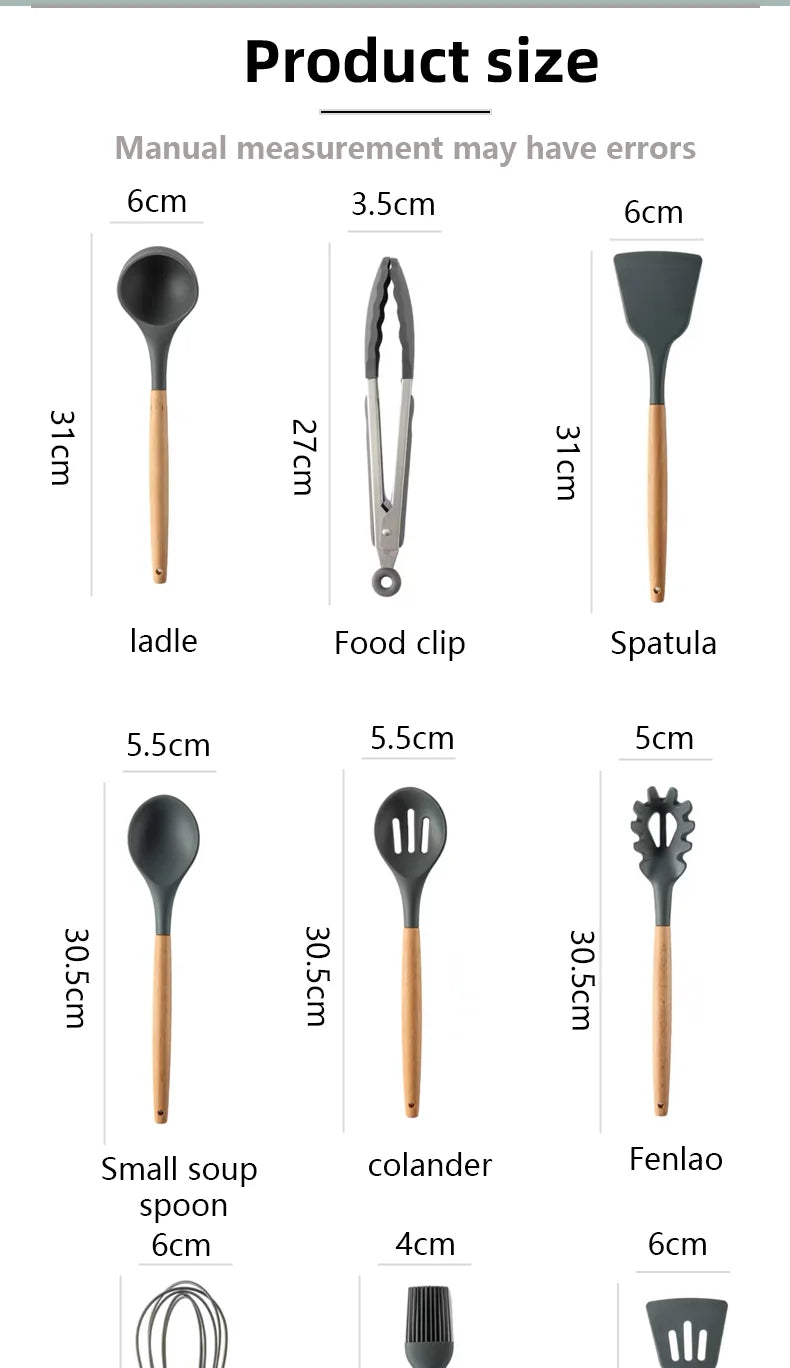 Silicone Cooking Utensils - 12pcs Heat Resistant Wooden Handle Set, Non-Stick Kitchen Tools - ZOOMNSTORE