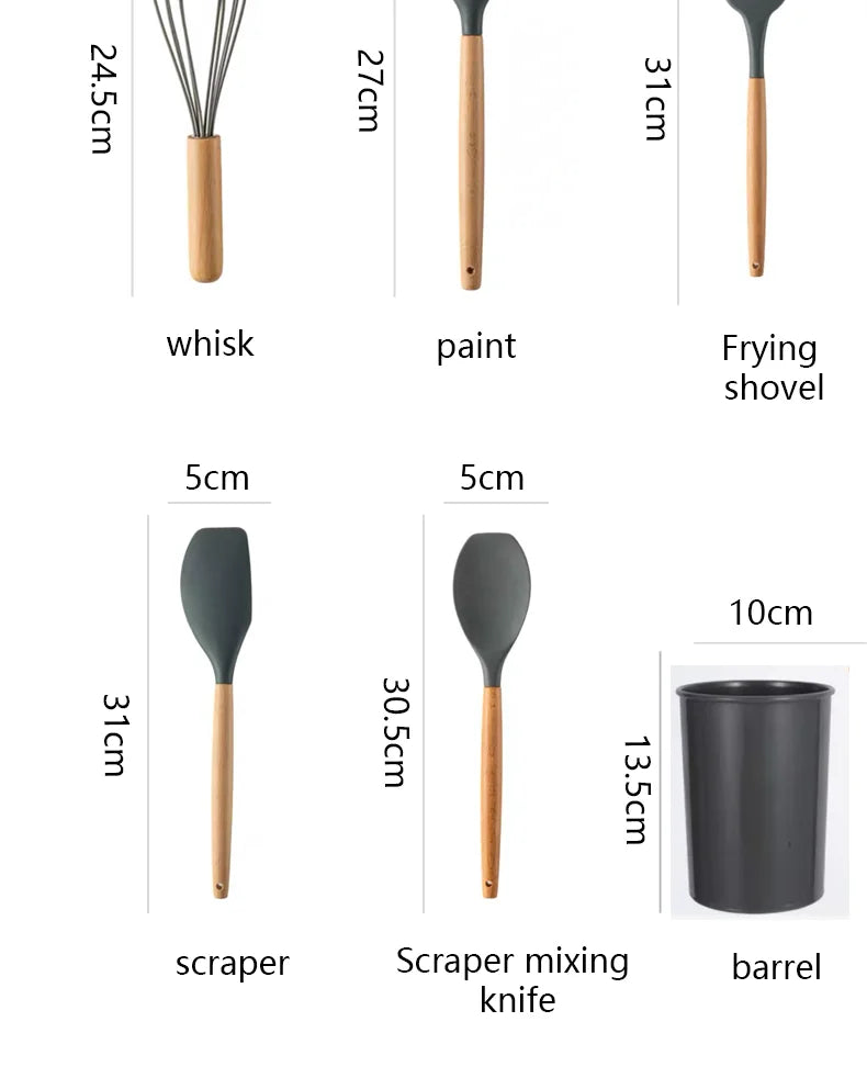 Silicone Cooking Utensils - 12pcs Heat Resistant Wooden Handle Set, Non-Stick Kitchen Tools - ZOOMNSTORE