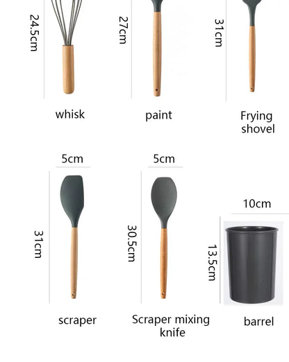 Silicone Cooking Utensils - 12pcs Heat Resistant Wooden Handle Set, Non-Stick Kitchen Tools - ZOOMNSTORE