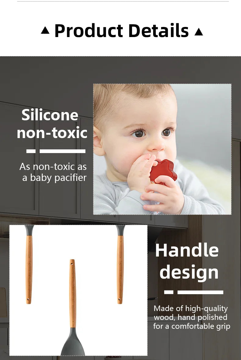 Silicone Cooking Utensils - 12pcs Heat Resistant Wooden Handle Set, Non-Stick Kitchen Tools - ZOOMNSTORE