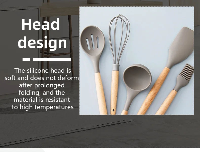 Silicone Cooking Utensils - 12pcs Heat Resistant Wooden Handle Set, Non-Stick Kitchen Tools - ZOOMNSTORE