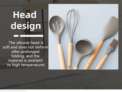 Silicone Cooking Utensils - 12pcs Heat Resistant Wooden Handle Set, Non-Stick Kitchen Tools - ZOOMNSTORE