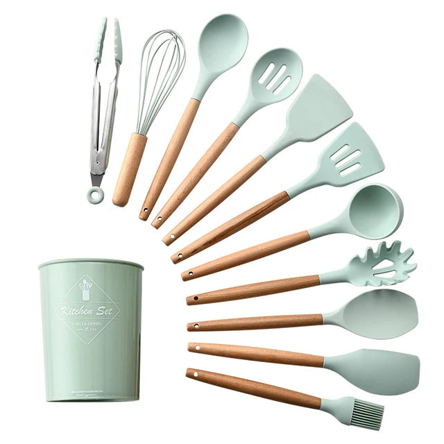 Silicone Kitchen Utensils Set - 11 Pcs BPA Free Cookware with Wooden Handle and Holder - ZOOMNSTORE