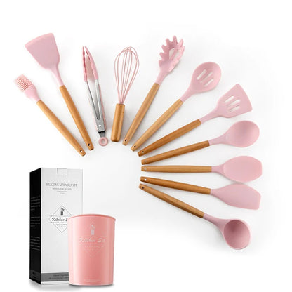 Silicone Kitchen Utensils Set - 11 Pcs BPA Free Cookware with Wooden Handle and Holder - ZOOMNSTORE