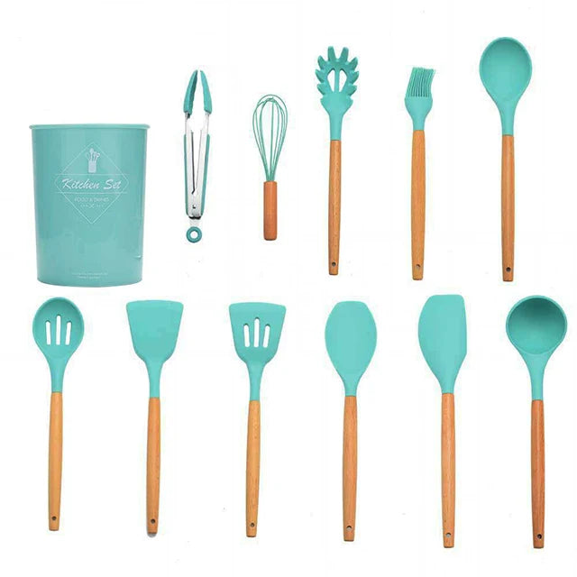 Silicone Kitchen Utensils Set - 11 Pcs BPA Free Cookware with Wooden Handle and Holder - ZOOMNSTORE