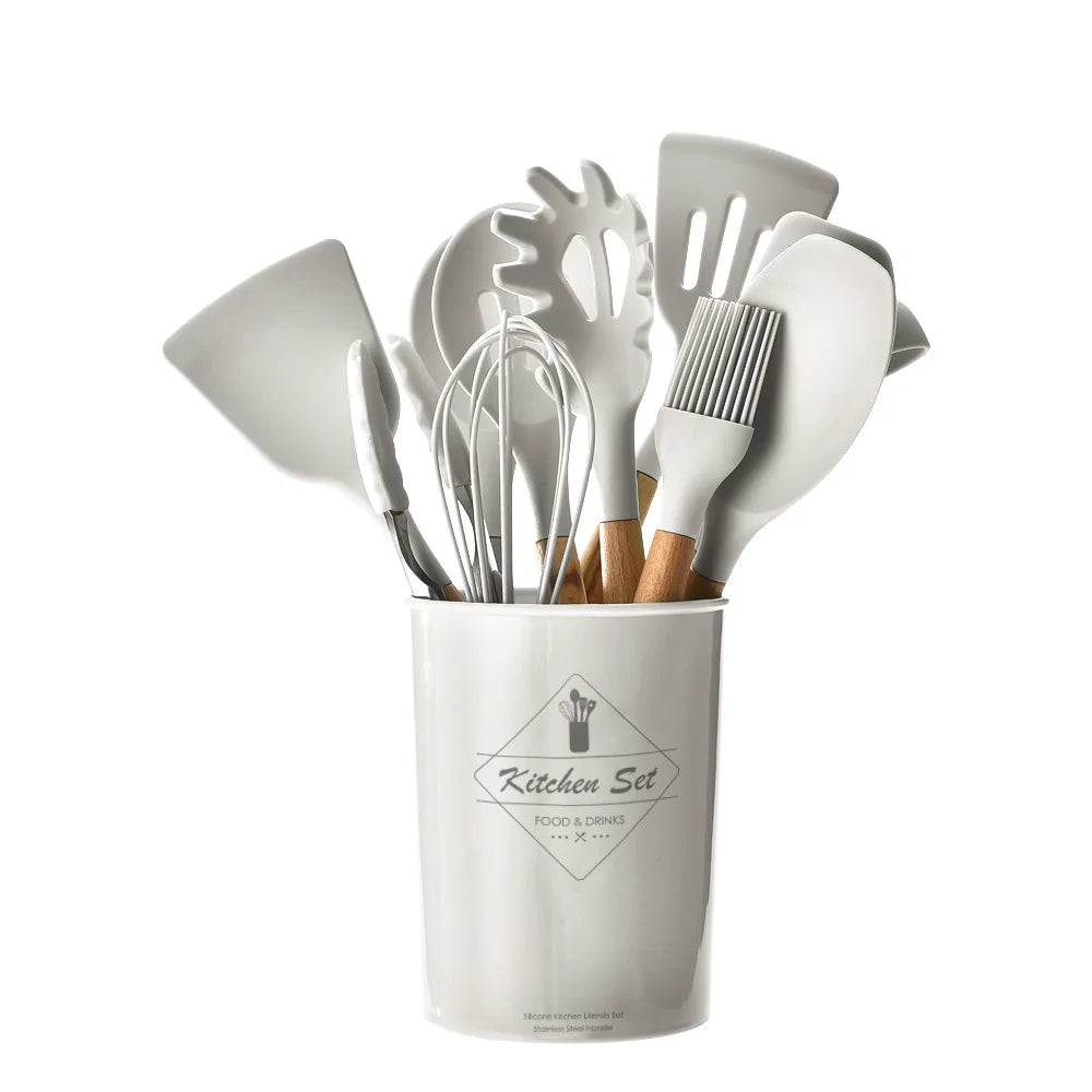 Silicone Kitchen Utensils Set - 11 Pcs BPA Free Cookware with Wooden Handle and Holder - ZOOMNSTORE