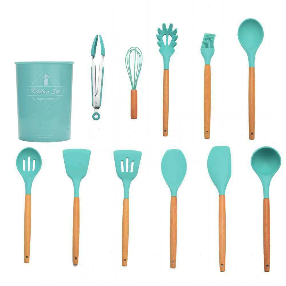 Silicone Kitchen Utensils Set - 11 Pcs BPA Free Cookware with Wooden Handle and Holder - ZOOMNSTORE