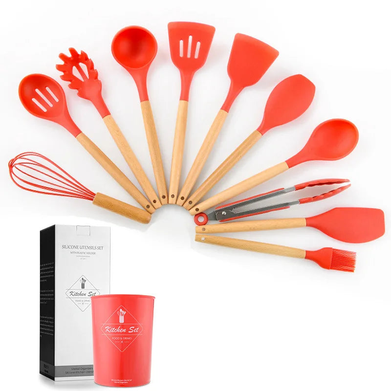 Silicone Kitchen Utensils Set - 11 Pcs BPA Free Cookware with Wooden Handle and Holder - ZOOMNSTORE