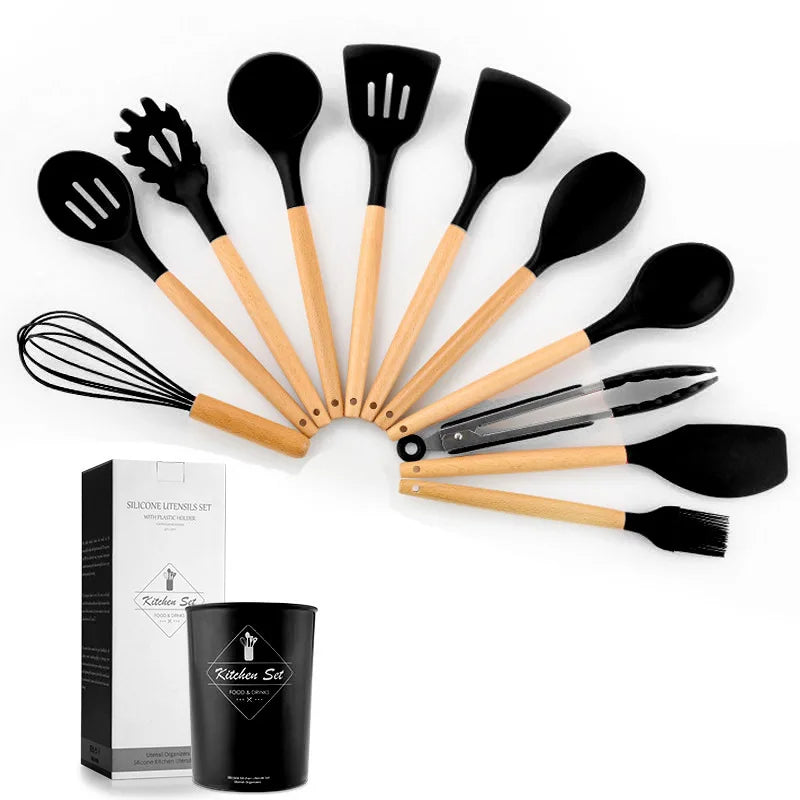 Silicone Kitchen Utensils Set - 11 Pcs BPA Free Cookware with Wooden Handle and Holder - ZOOMNSTORE