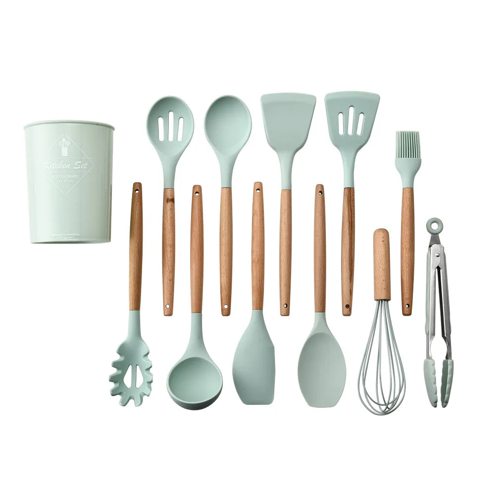 Silicone Kitchen Utensils Set - 11 Pcs BPA Free Cookware with Wooden Handle and Holder - ZOOMNSTORE