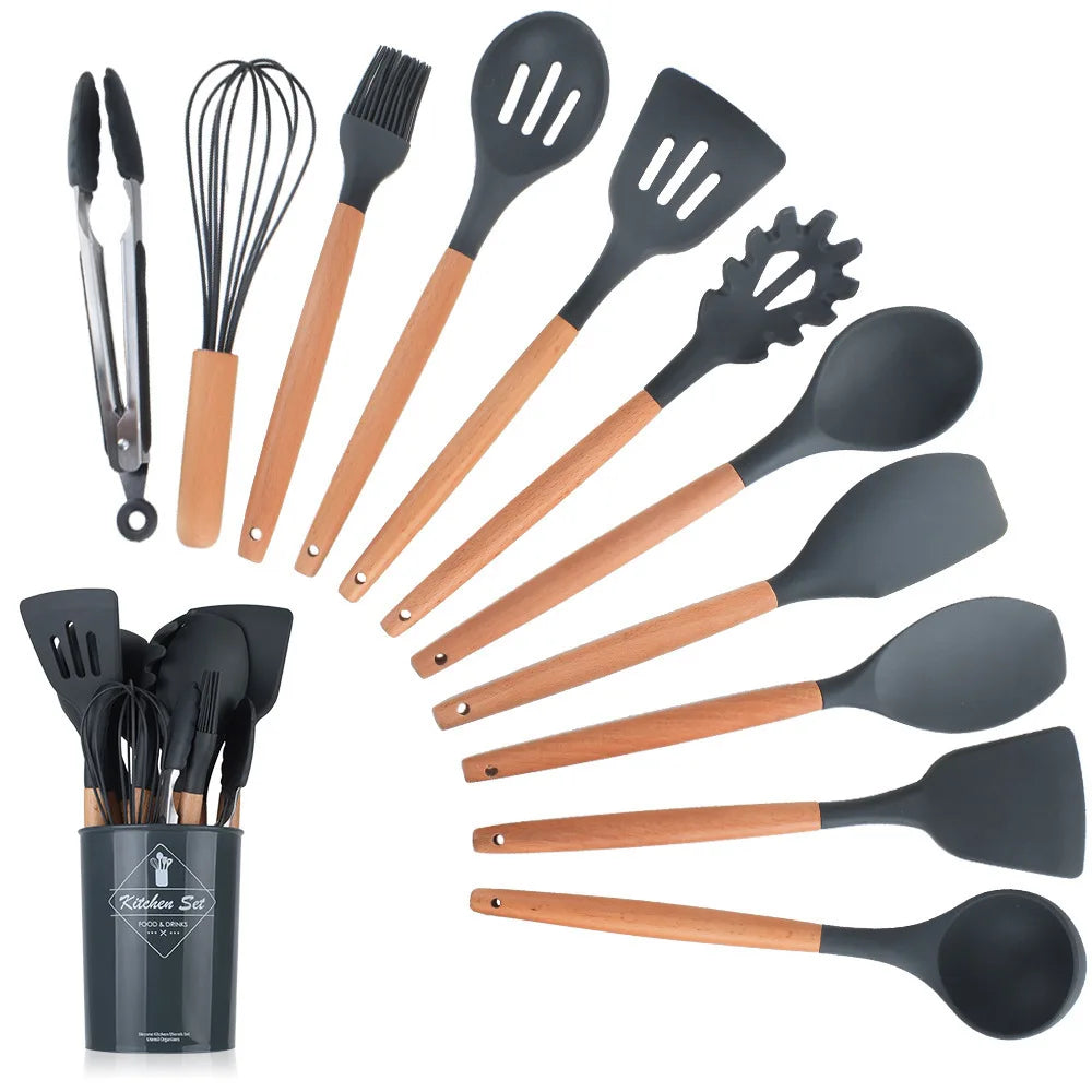 Silicone Kitchen Utensils Set - 11 Pcs BPA Free Cookware with Wooden Handle and Holder - ZOOMNSTORE