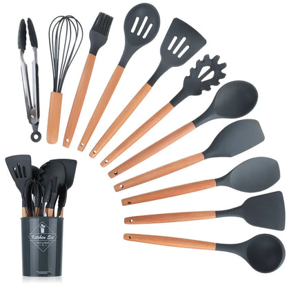 Silicone Kitchen Utensils Set - 11 Pcs BPA Free Cookware with Wooden Handle and Holder - ZOOMNSTORE