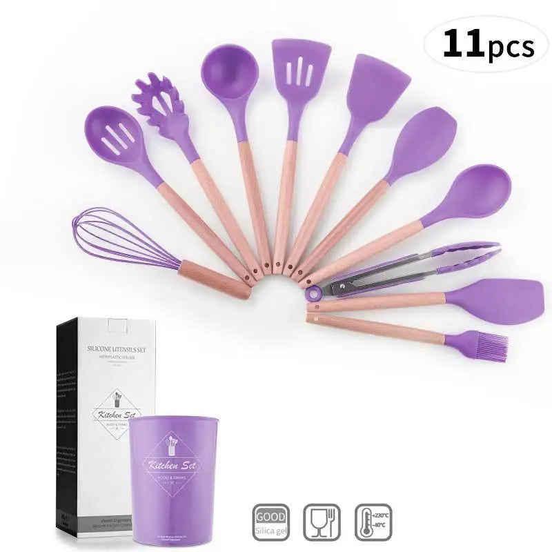 Silicone Kitchen Utensils Set - 11 Pcs BPA Free Cookware with Wooden Handle and Holder - ZOOMNSTORE