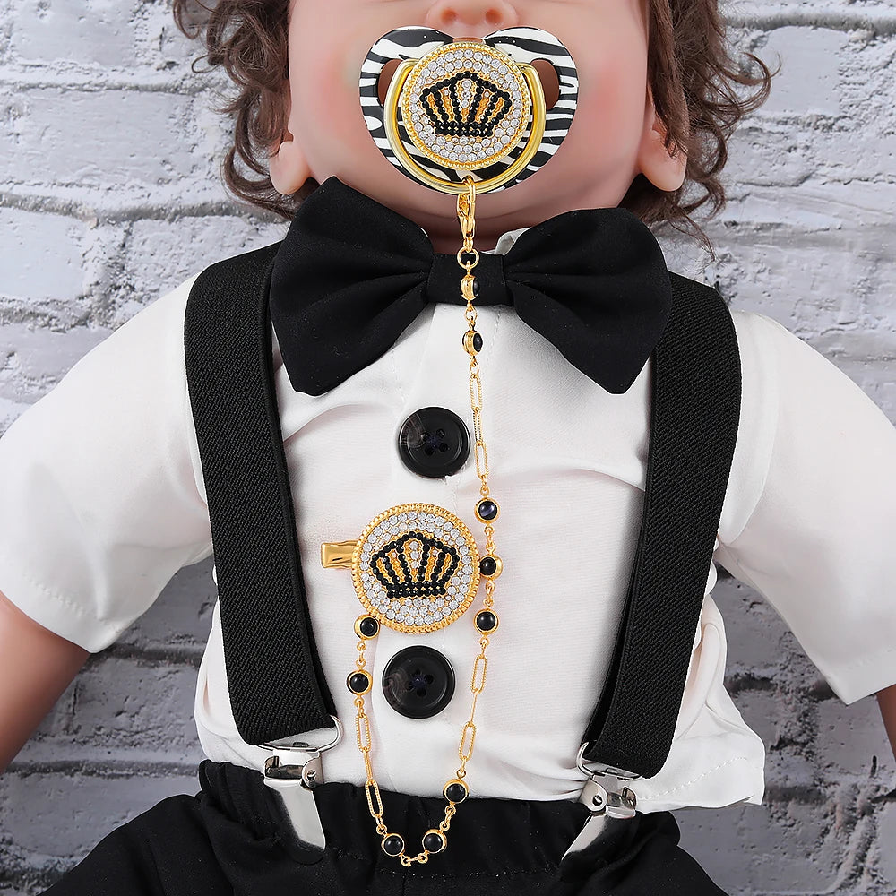 Silicone Pacifier Holder - Gold Bling Baby Pacifier Clip With Rhinestone Crown - ZOOMNSTORE