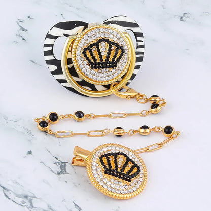 Silicone Pacifier Holder - Gold Bling Baby Pacifier Clip With Rhinestone Crown - ZOOMNSTORE