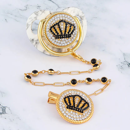 Silicone Pacifier Holder - Gold Bling Baby Pacifier Clip With Rhinestone Crown - ZOOMNSTORE