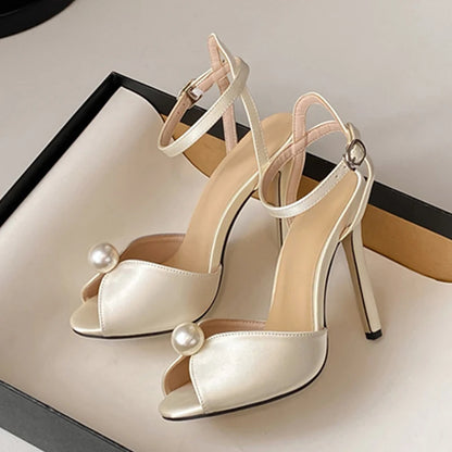 Silk Gladiator Sandals - Women Thin Heels Peep Toe Ankle Strap 11CM Heel Shoes - ZOOMNSTORE