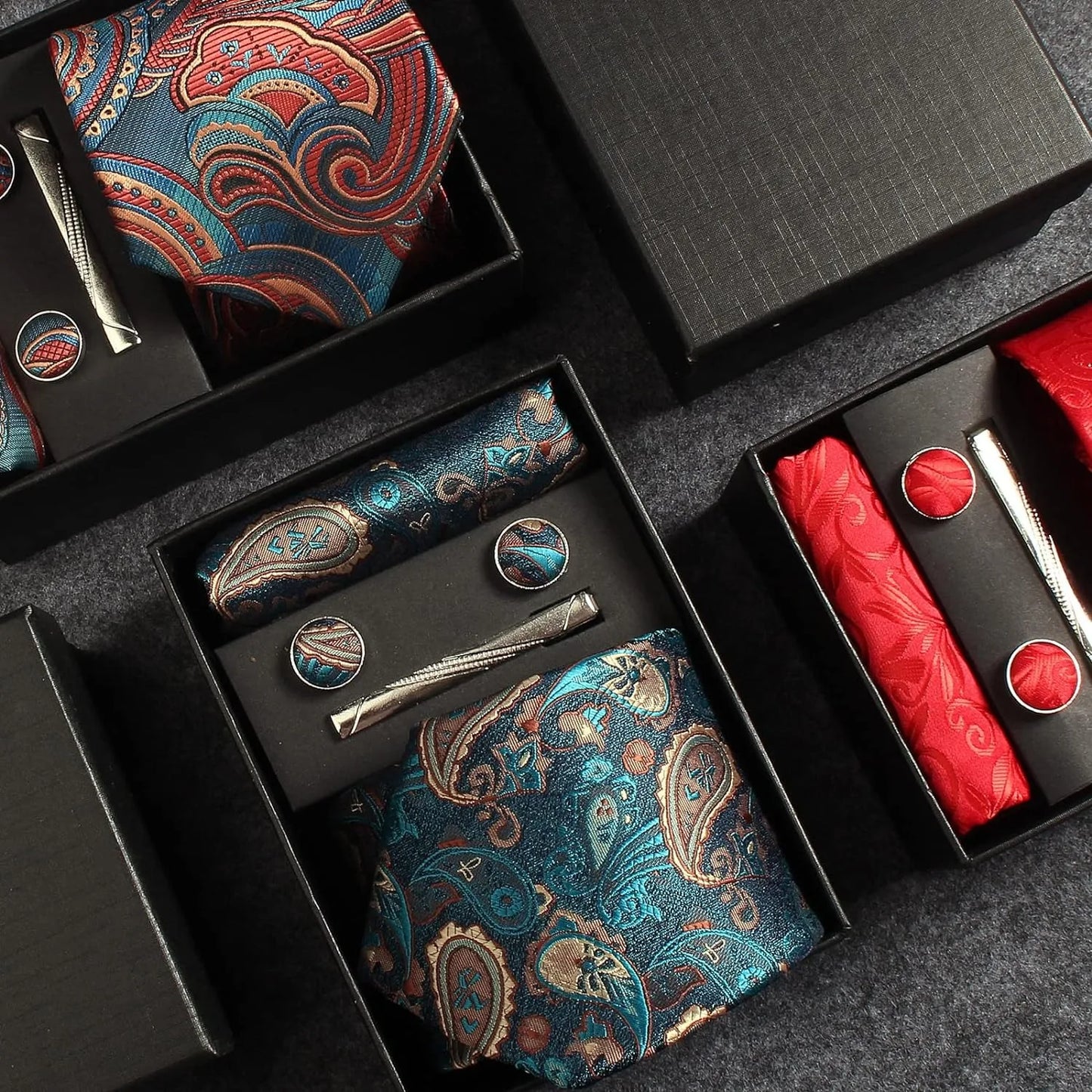 Silk Necktie Set - Paisley Floral Tie with Pocket Square Tie Clip  Cufflinks for Men in Gift Box - ZOOMNSTORE