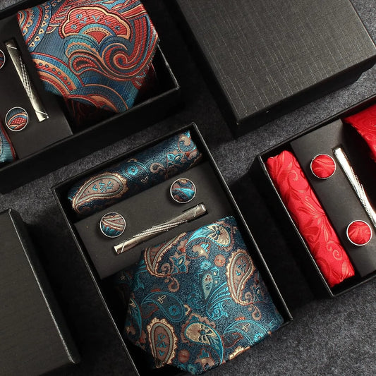 Silk Necktie Set - Paisley Floral Tie with Pocket Square Tie Clip  Cufflinks for Men in Gift Box - ZOOMNSTORE