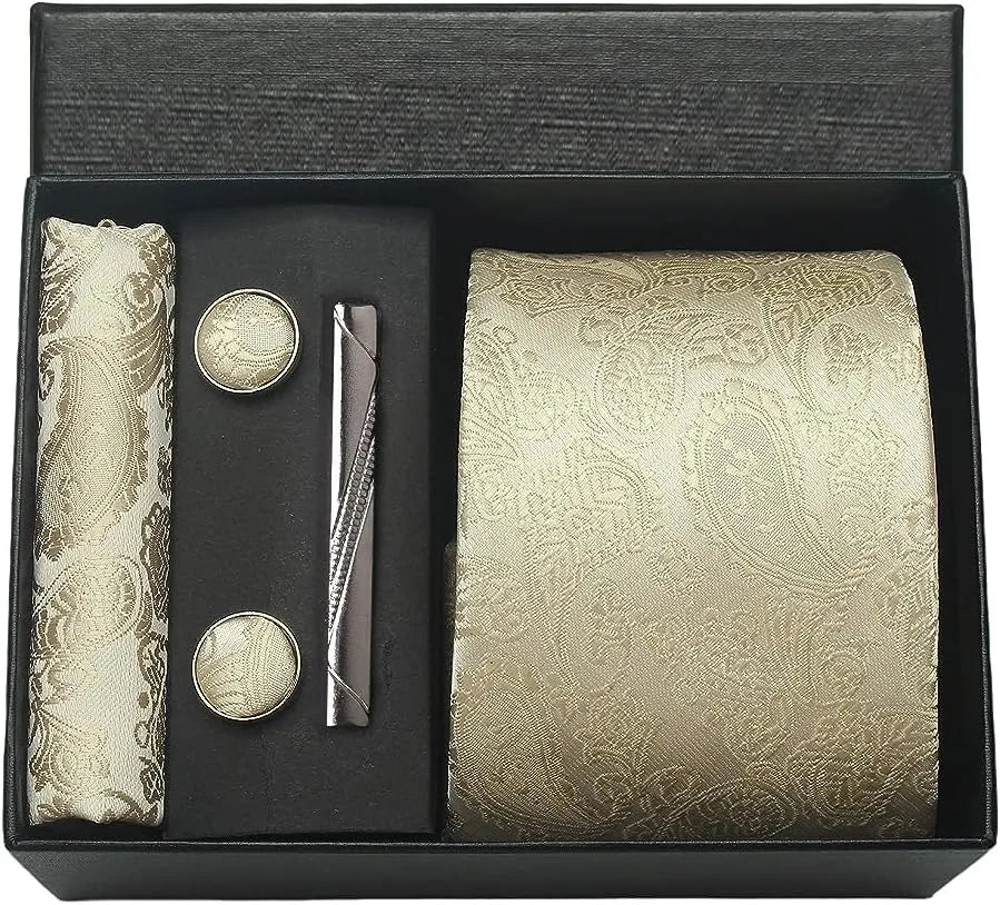 Silk Necktie Set - Paisley Floral Tie with Pocket Square Tie Clip  Cufflinks for Men in Gift Box - ZOOMNSTORE