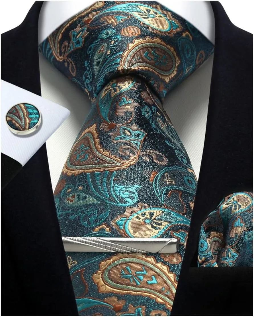 Silk Necktie Set - Paisley Floral Tie with Pocket Square Tie Clip  Cufflinks for Men in Gift Box - ZOOMNSTORE
