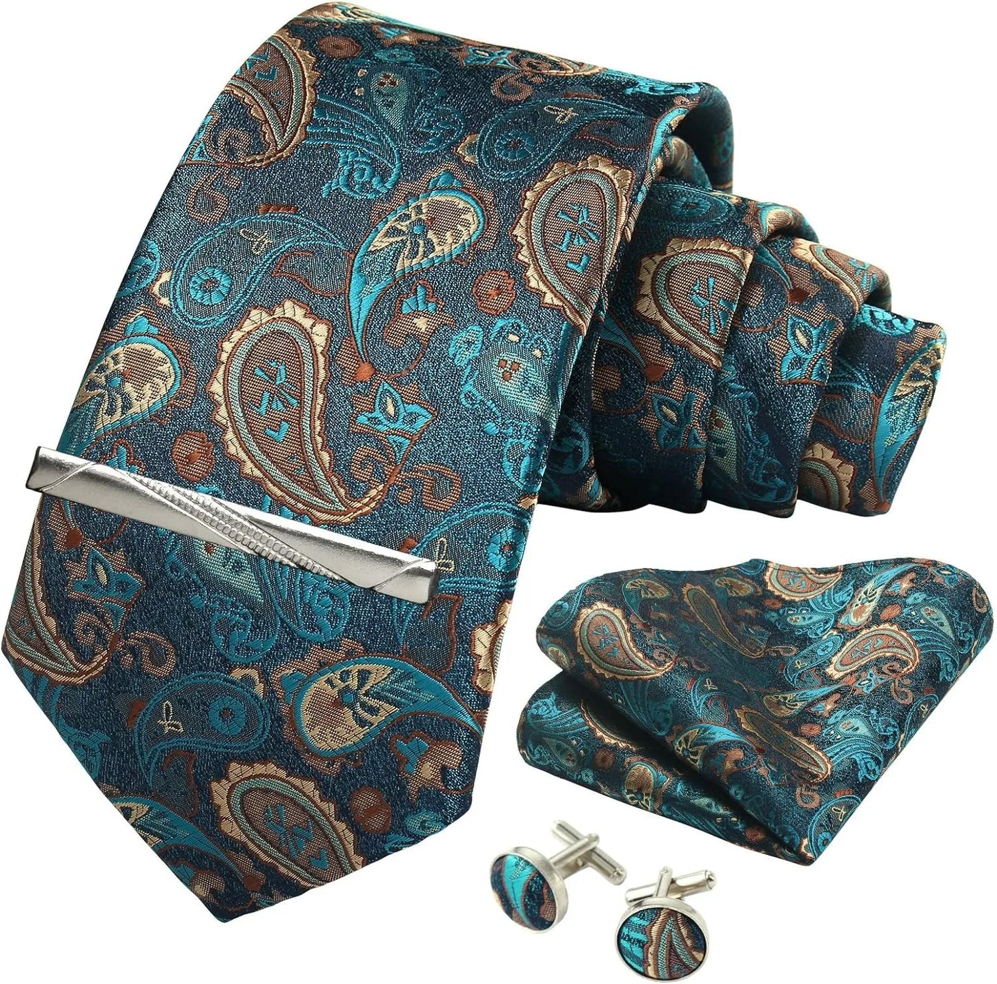 Silk Necktie Set - Paisley Floral Tie with Pocket Square Tie Clip  Cufflinks for Men in Gift Box - ZOOMNSTORE