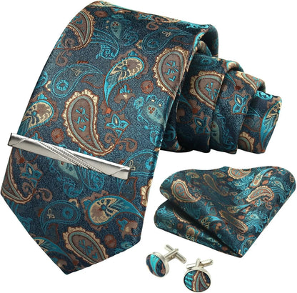 Silk Necktie Set - Paisley Floral Tie with Pocket Square Tie Clip  Cufflinks for Men in Gift Box - ZOOMNSTORE