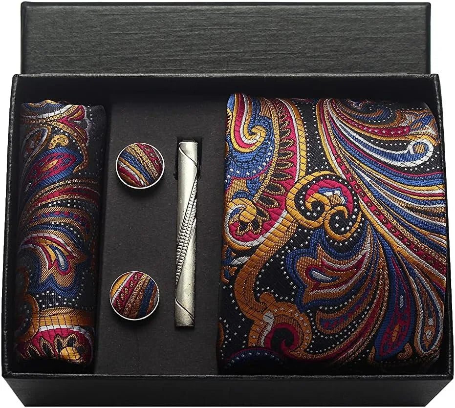 Silk Necktie Set - Paisley Floral Tie with Pocket Square Tie Clip  Cufflinks for Men in Gift Box - ZOOMNSTORE