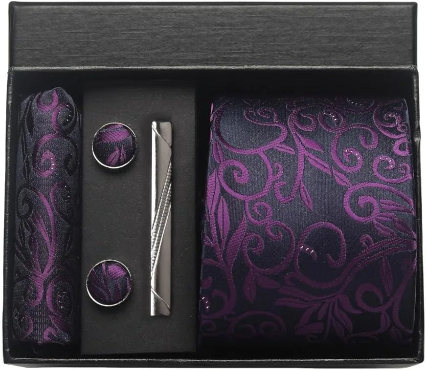 Silk Necktie Set - Paisley Floral Tie with Pocket Square Tie Clip  Cufflinks for Men in Gift Box - ZOOMNSTORE