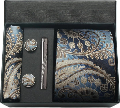 Silk Necktie Set - Paisley Floral Tie with Pocket Square Tie Clip  Cufflinks for Men in Gift Box - ZOOMNSTORE