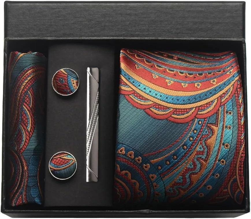 Silk Necktie Set - Paisley Floral Tie with Pocket Square Tie Clip  Cufflinks for Men in Gift Box - ZOOMNSTORE