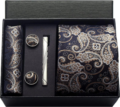 Silk Necktie Set - Paisley Floral Tie with Pocket Square Tie Clip  Cufflinks for Men in Gift Box - ZOOMNSTORE