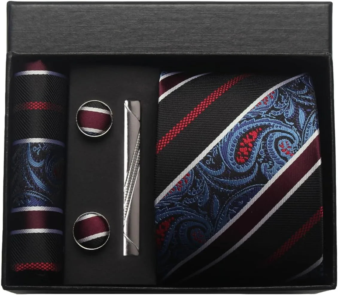 Silk Necktie Set - Paisley Floral Tie with Pocket Square Tie Clip  Cufflinks for Men in Gift Box - ZOOMNSTORE