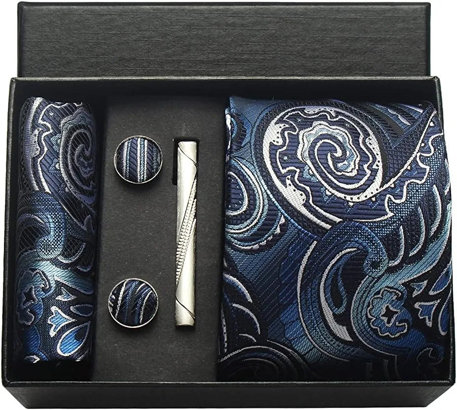 Silk Necktie Set - Paisley Floral Tie with Pocket Square Tie Clip  Cufflinks for Men in Gift Box - ZOOMNSTORE