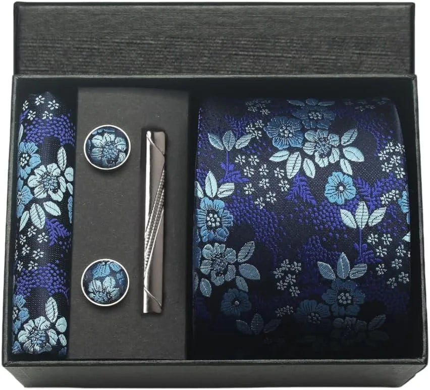 Silk Necktie Set - Paisley Floral Tie with Pocket Square Tie Clip  Cufflinks for Men in Gift Box - ZOOMNSTORE