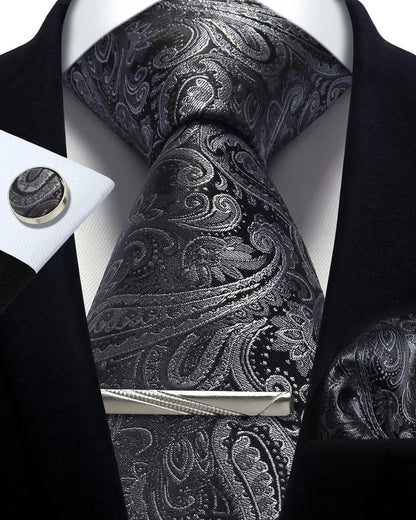 Mens Silk Tie Set - Silver Paisley Necktie with Pocket Square  Cufflinks for Formal Events - ZOOMNSTORE