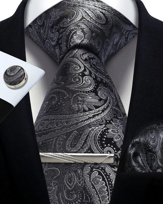 Mens Silk Tie Set - Silver Paisley Necktie with Pocket Square  Cufflinks for Formal Events - ZOOMNSTORE