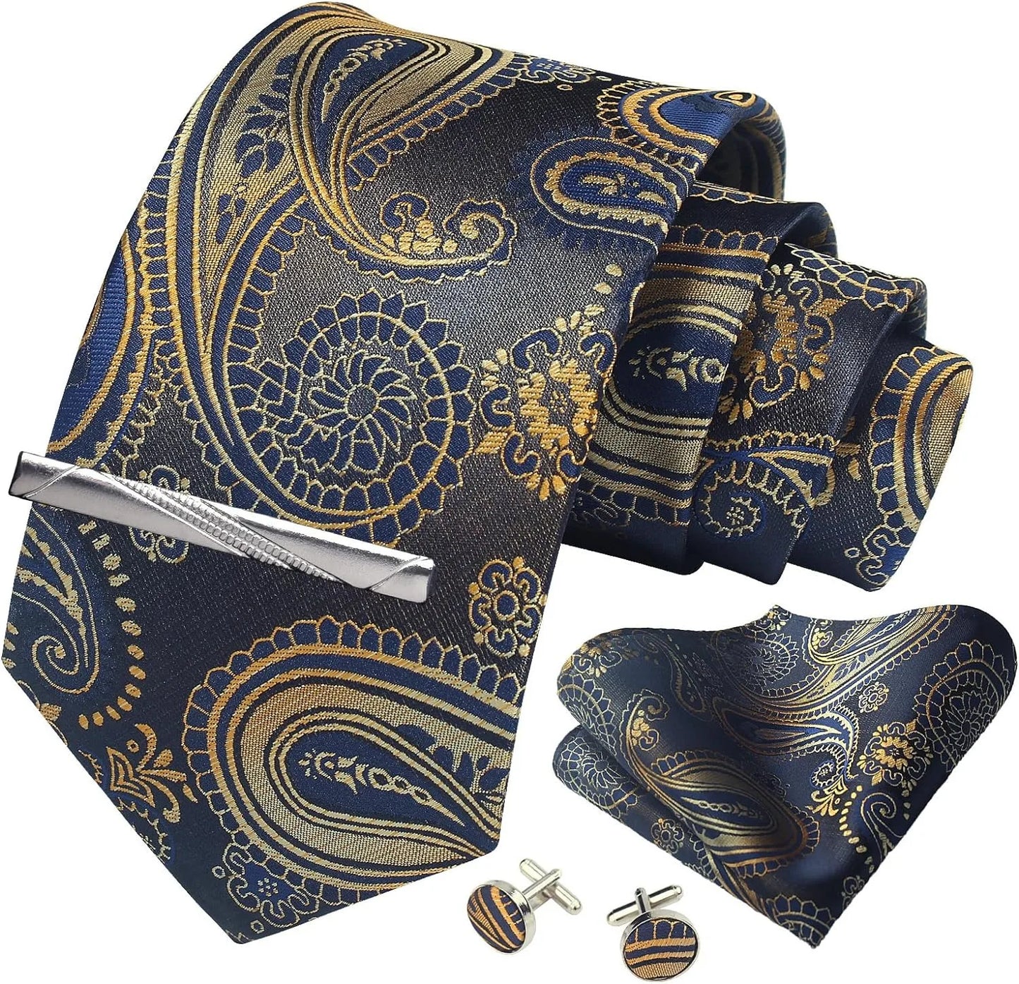 Mens Silk Tie Set - Silver Paisley Necktie with Pocket Square  Cufflinks for Formal Events - ZOOMNSTORE