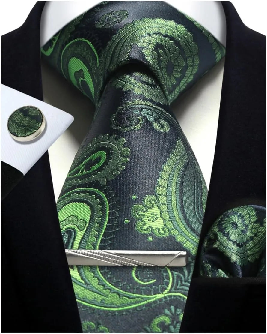 Mens Silk Tie Set - Silver Paisley Necktie with Pocket Square  Cufflinks for Formal Events - ZOOMNSTORE