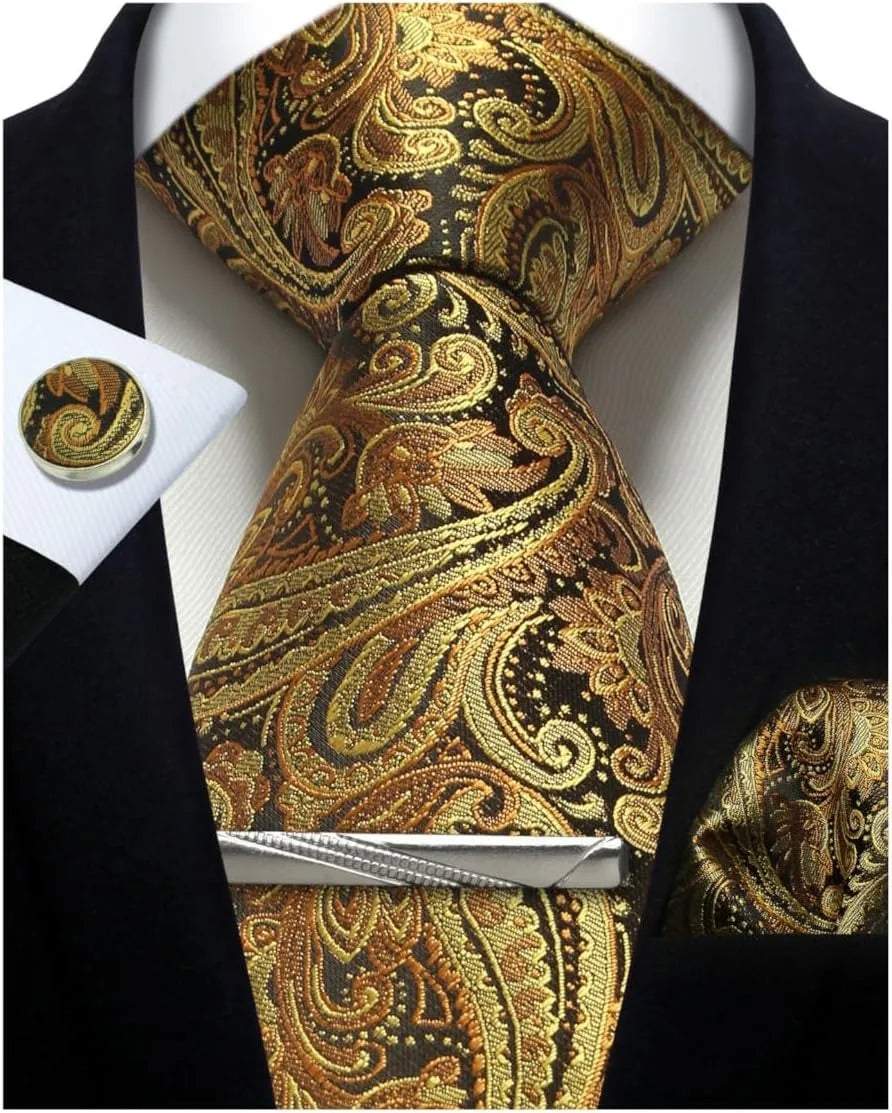 Mens Silk Tie Set - Silver Paisley Necktie with Pocket Square  Cufflinks for Formal Events - ZOOMNSTORE